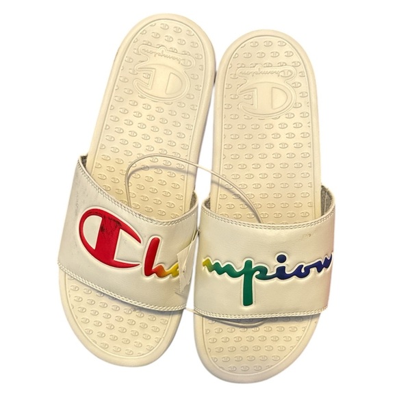 CHAMPION Super Slide Split Script White & Rainbow Womens Slide Sandals - Picture 1 of 6